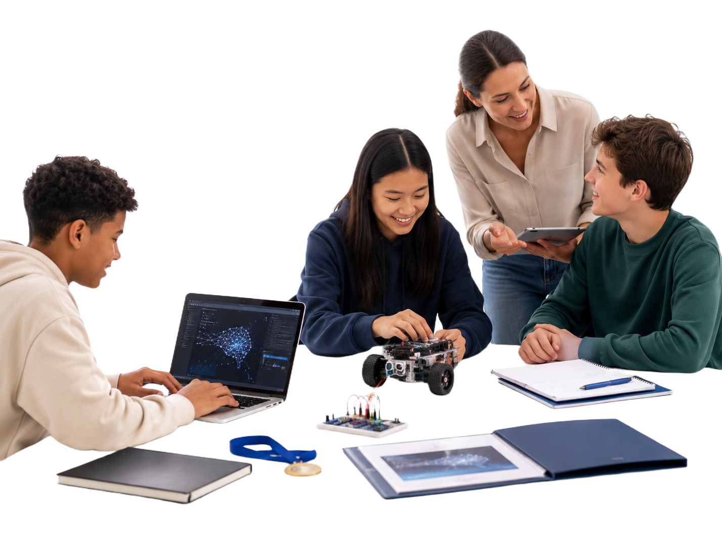 Students working on AI, robotics, and coding projects